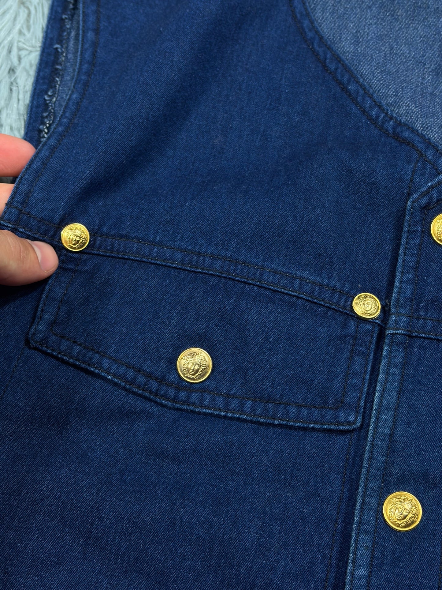 Gianni Versace 1992 Medusa Studded Indigo Denim Vest - IT50 | O/S, Gold