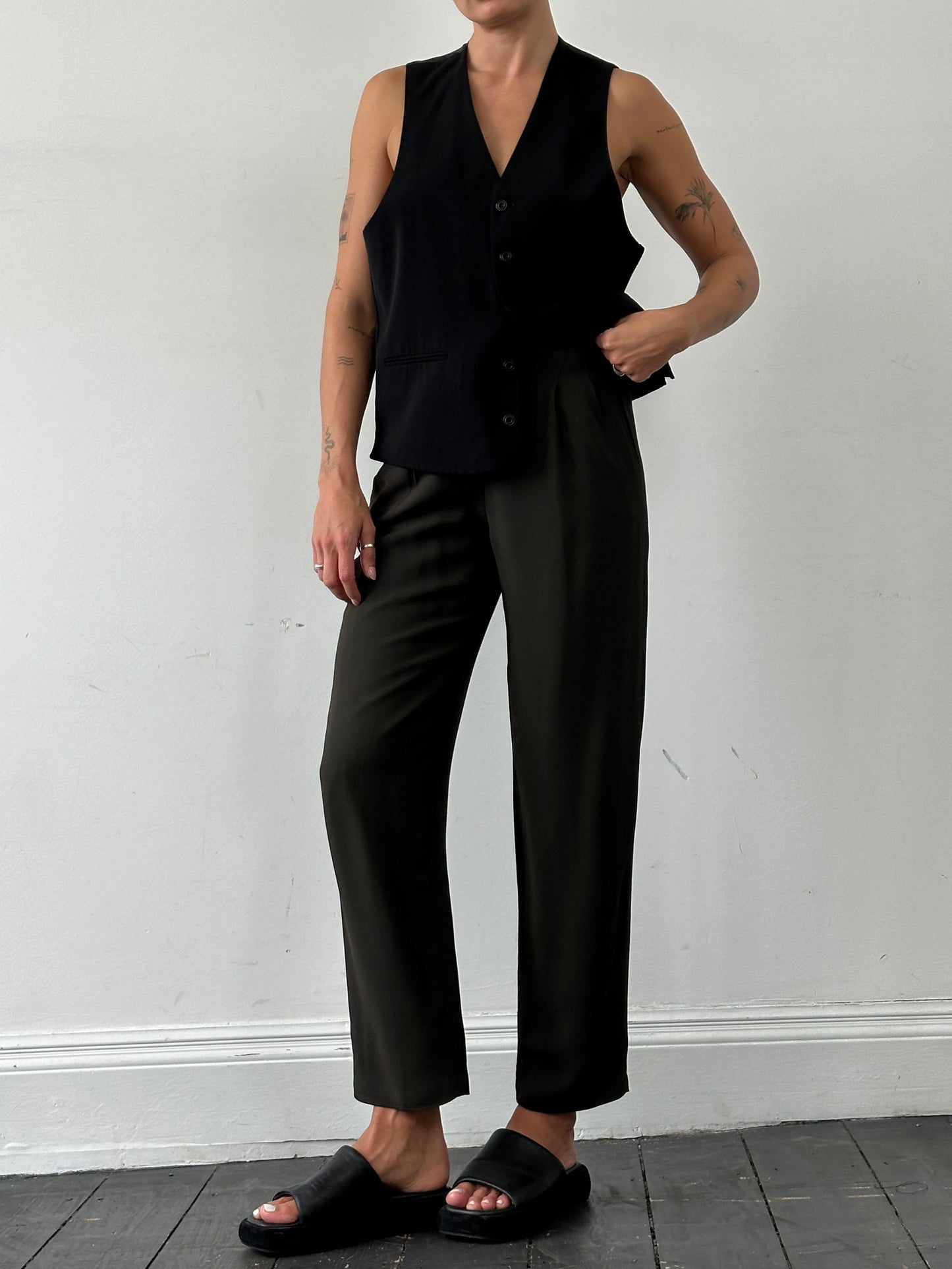 Emporio Armani high waisted tapered leg tailored trousers in black, featuring a sleek, structured fit and classic design.