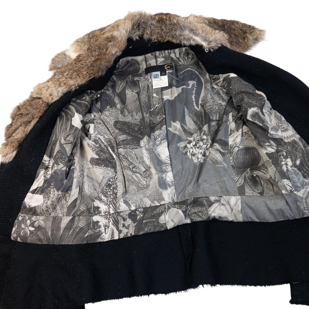 Vintage 2005 Cavalli Rabbit Fur Collar Asymmetrical Wool Jacket Womens Size L | Large, Black