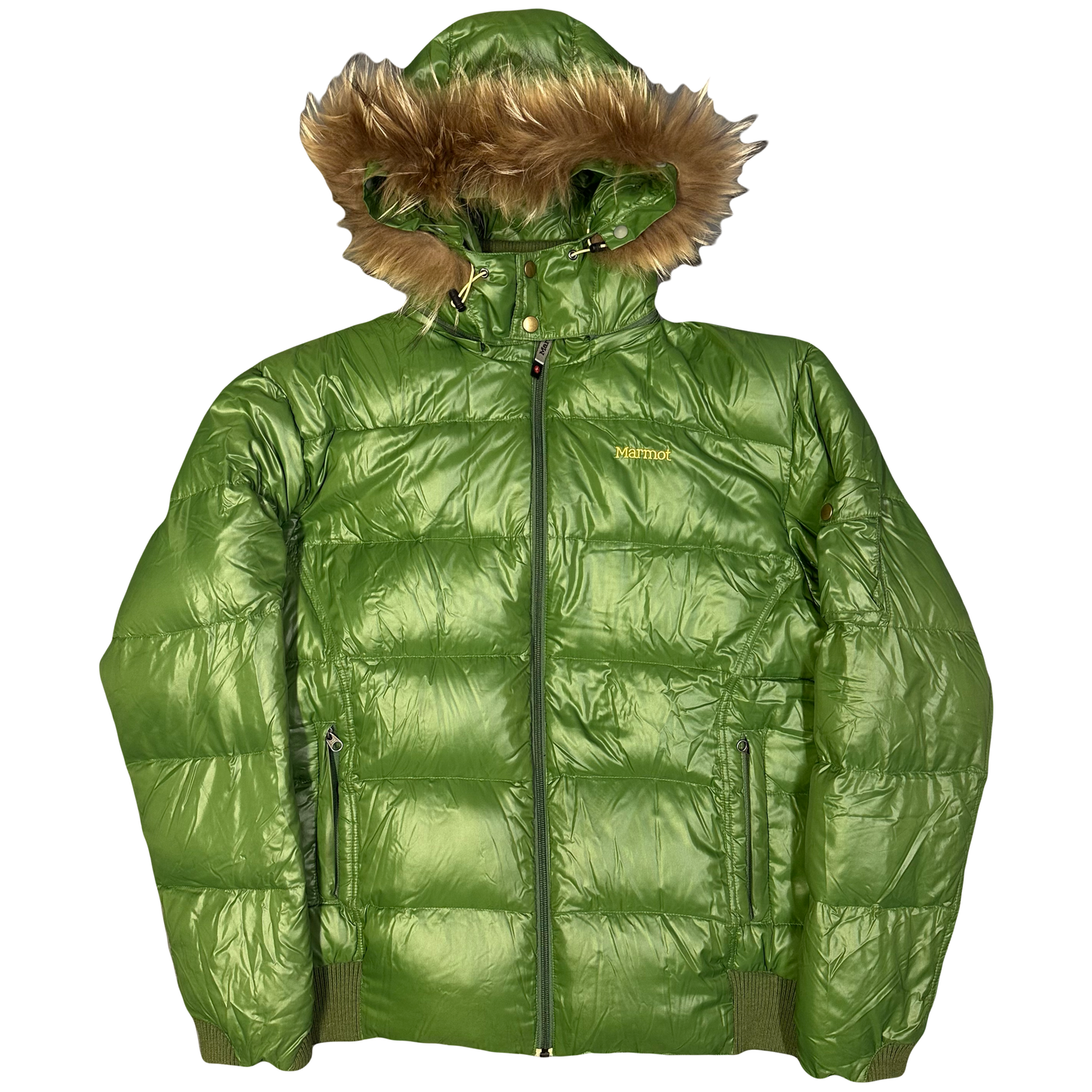 Marmot Puffer Jacket With Fur Hood In Green (XL) | XL, Green