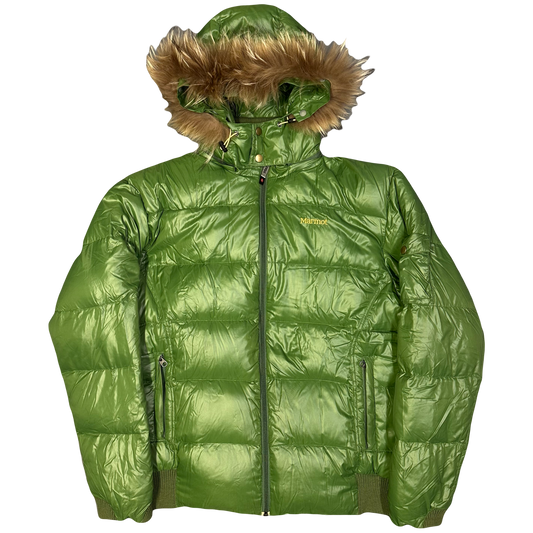Marmot Puffer Jacket With Fur Hood In Green (XL) | XL, Green
