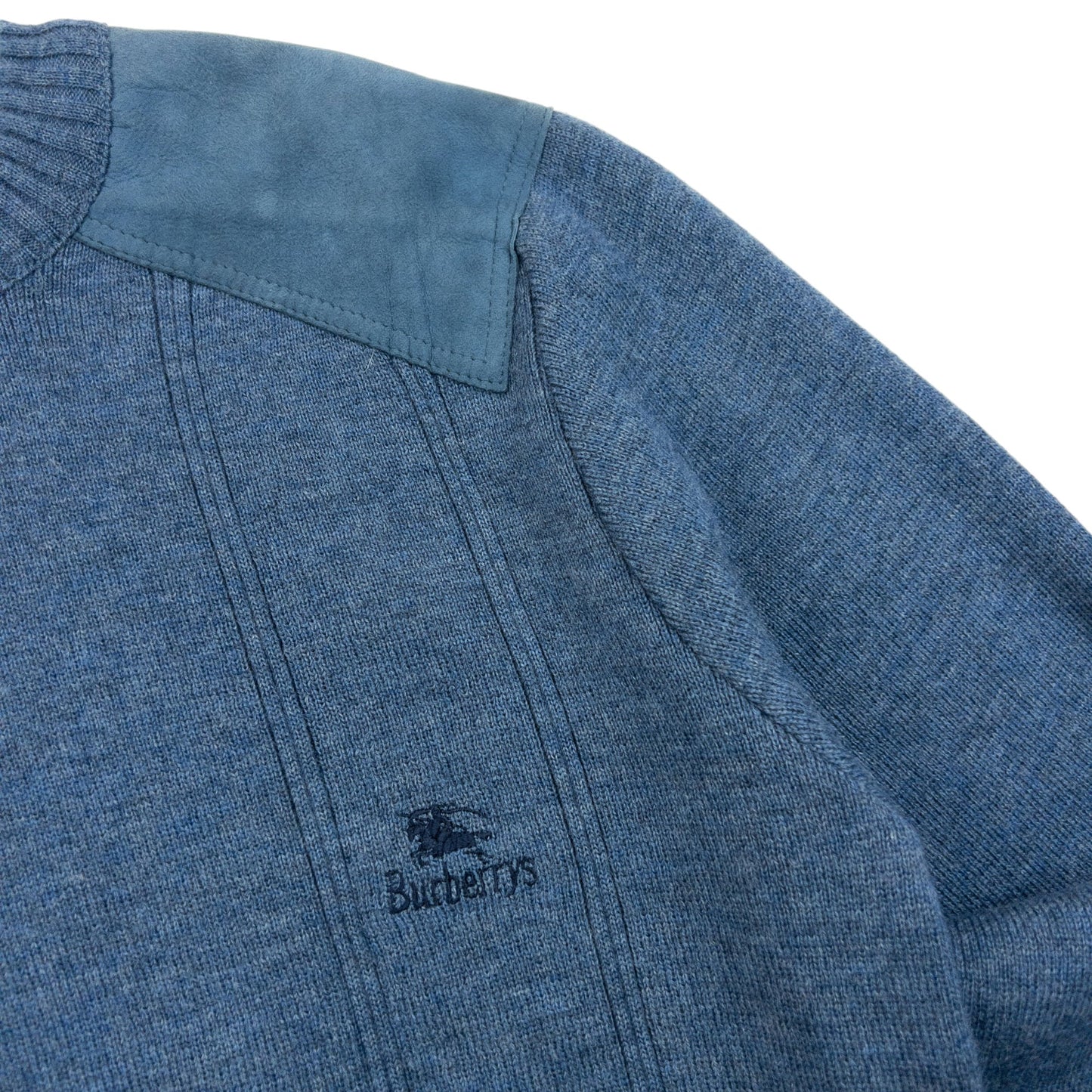Vintage 90s Burberry Suede Patch Wool Jumper Size M | Large, Blue