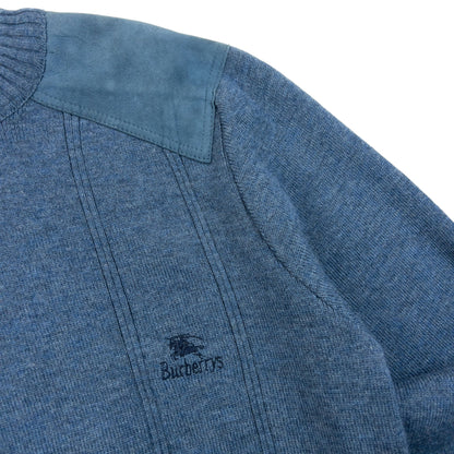 Vintage 90s Burberry Suede Patch Wool Jumper Size M | Large, Blue