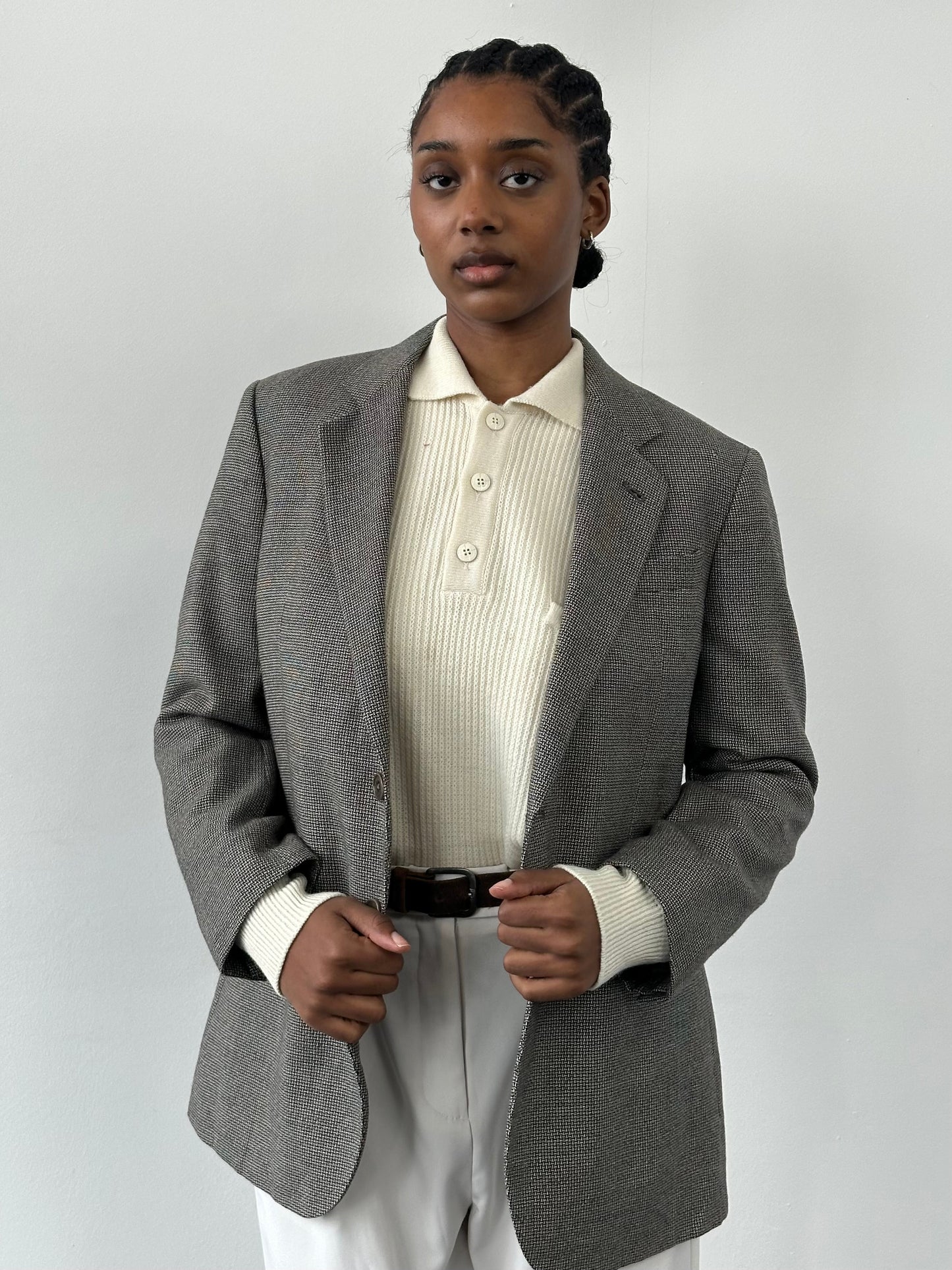 Burberry 1990s Herringbone Wool Silk Single Breasted Blazer - 36S/S