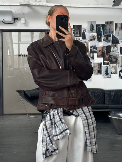 Vintage 1980s Distressed Leather Biker Jacket - L/XL