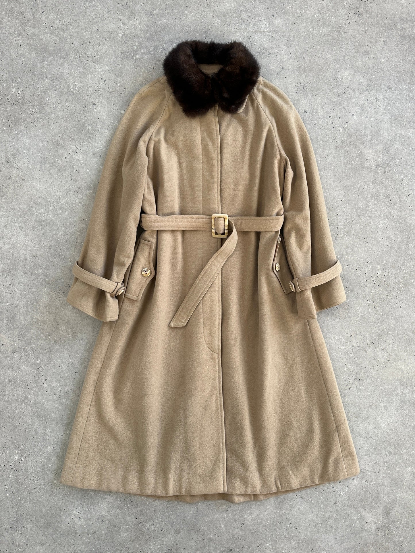 Vintage 1980s Wool Double Faced Fur Collar Belted Coat - S