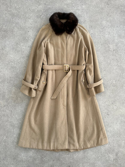 Vintage 1980s Wool Double Faced Fur Collar Belted Coat - S