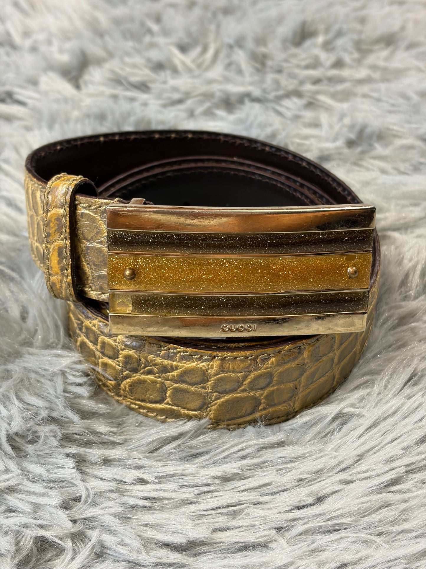 Gucci by Tom Ford 00’s Metallic Crocodile Leather Web Belt | O/S, Gold