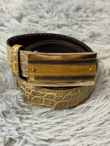 Gucci by Tom Ford 00’s Metallic Crocodile Leather Web Belt | O/S, Gold