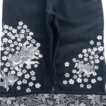 Vintage Koi FIsh Japanese Denim Flower Embroidered Shorts Size W30