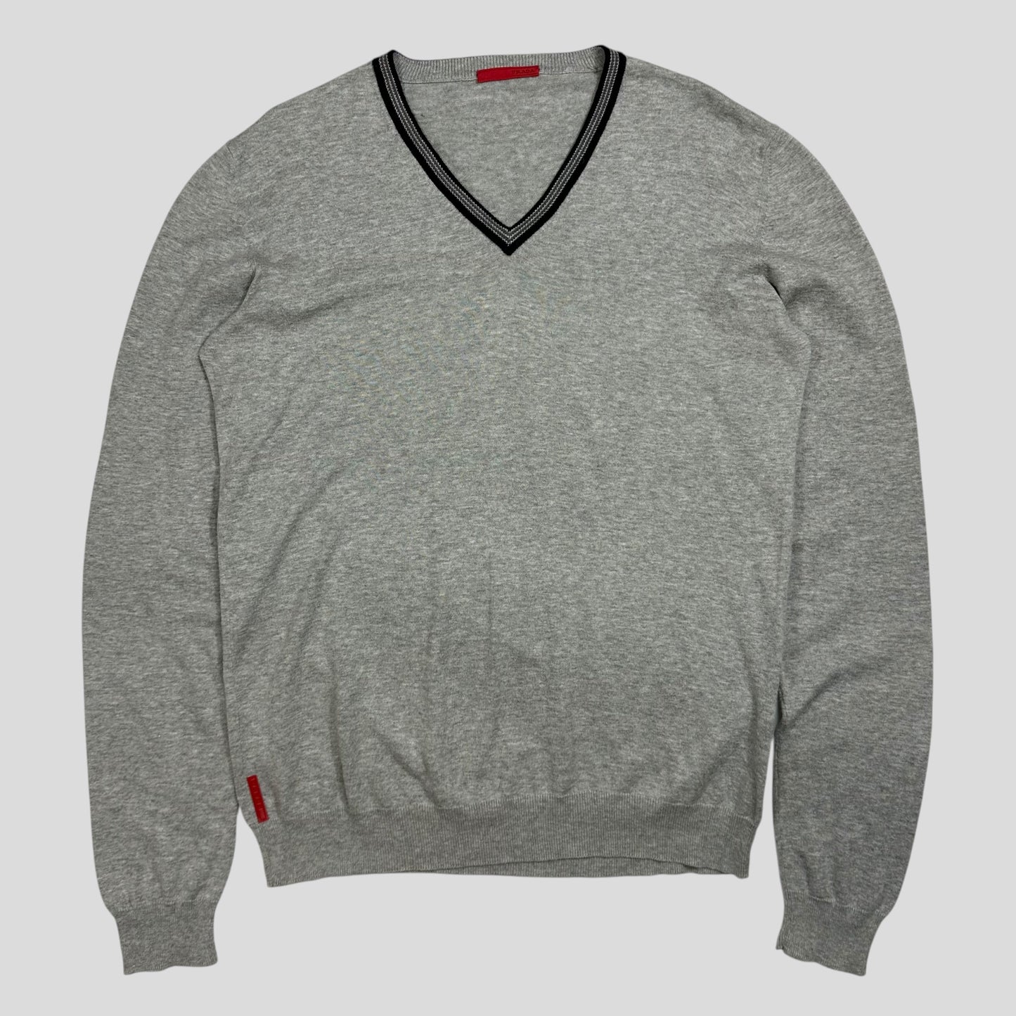 Prada Sport 2008 Red Logo Tab Rib Detail V-neck Knit Jumper - M | Default Title, Grey