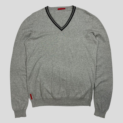 Prada Sport 2008 Red Logo Tab Rib Detail V-neck Knit Jumper - M | Default Title, Grey