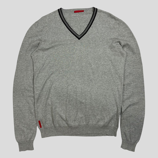Prada Sport 2008 Red Logo Tab Rib Detail V-neck Knit Jumper - M | Default Title, Grey
