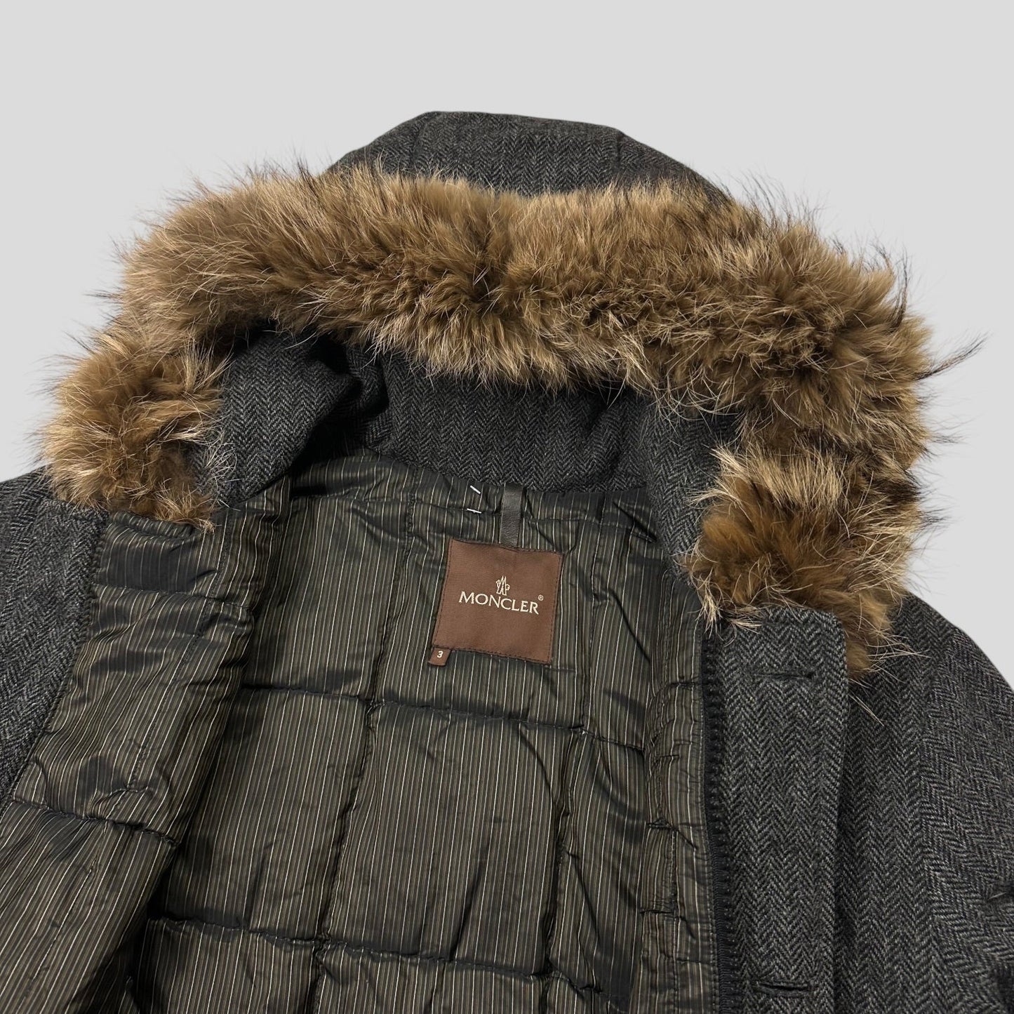 Moncler 00’s Herringbone Wool Down Detachable Fur Jacket - 3 (L) | Default Title, Brown