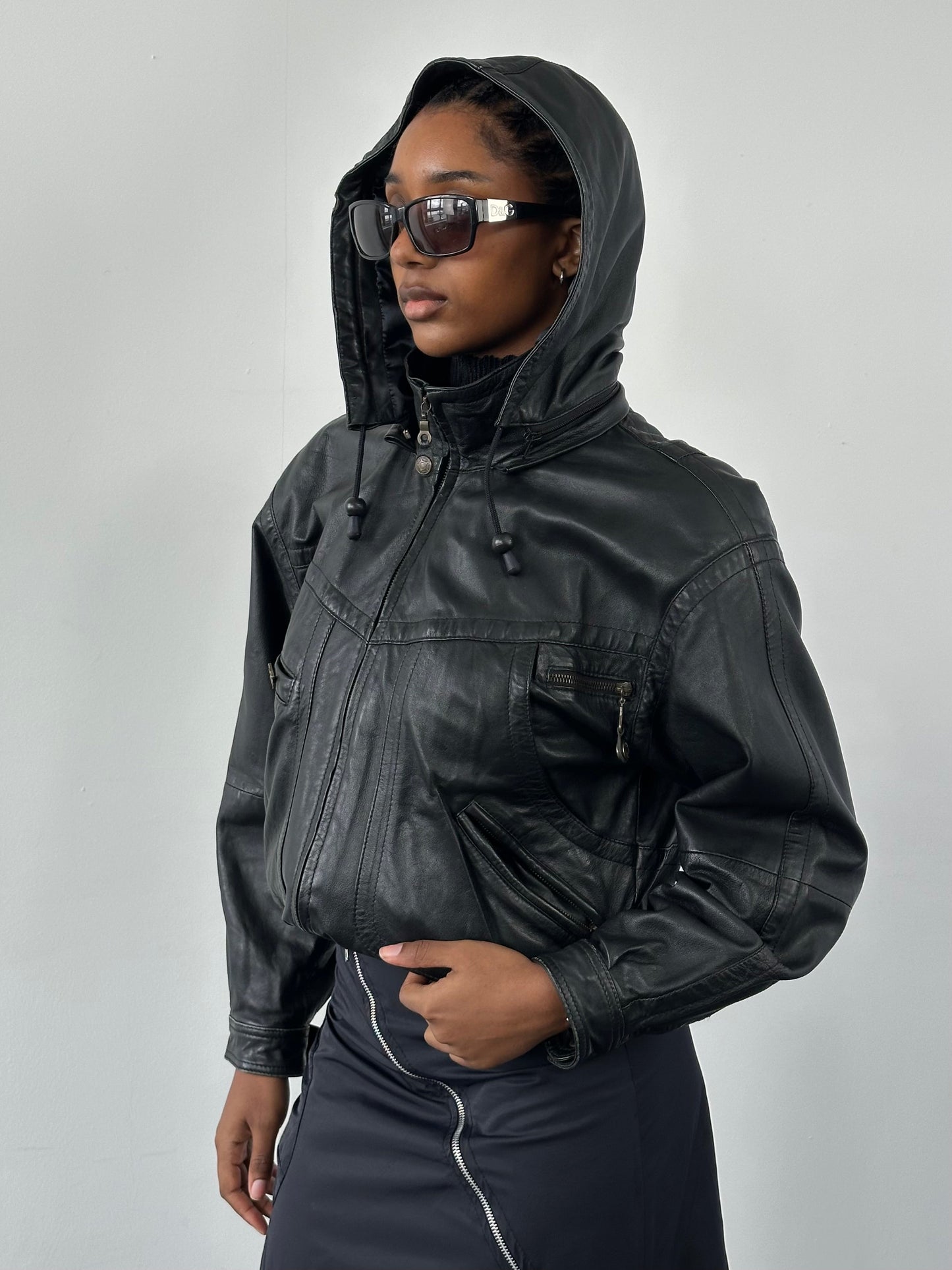 Vintage 1990s Leather Funnel Neck Hooded Bomber Jacket – S