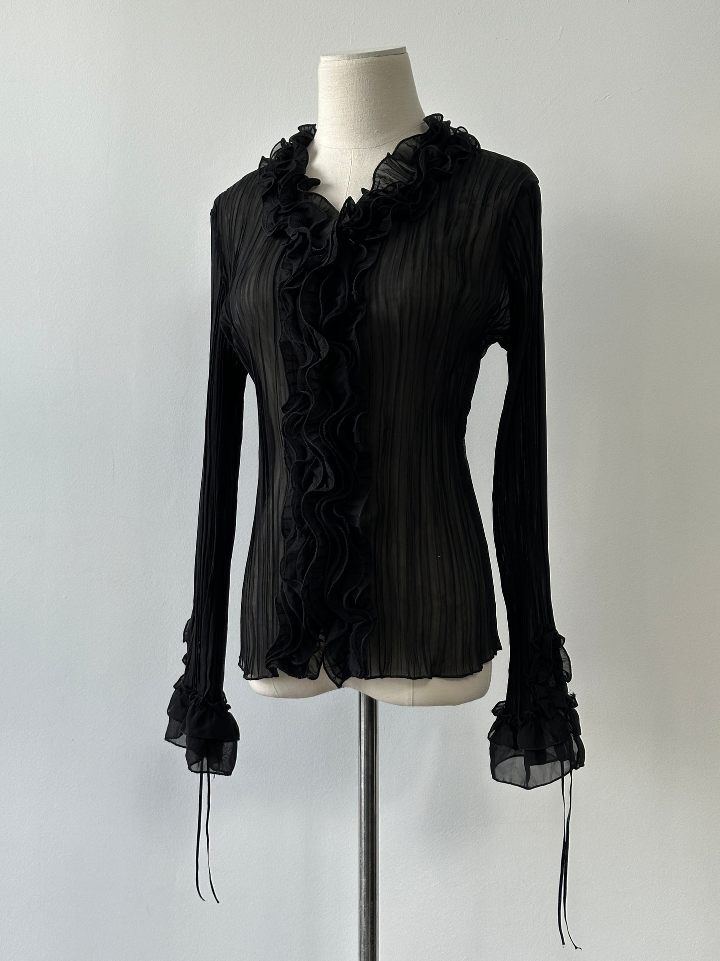 Vintage 2000s Sheer Ruffle Pleated Fitted Shirt - S