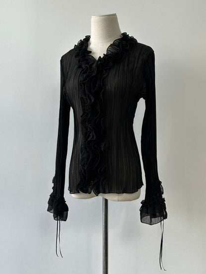 Vintage 2000s Sheer Ruffle Pleated Fitted Shirt - S