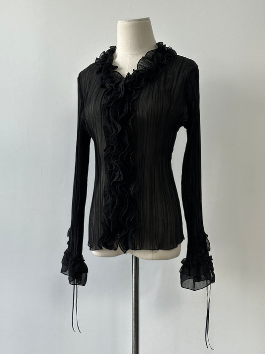 Vintage 2000s Sheer Ruffle Pleated Fitted Shirt - S