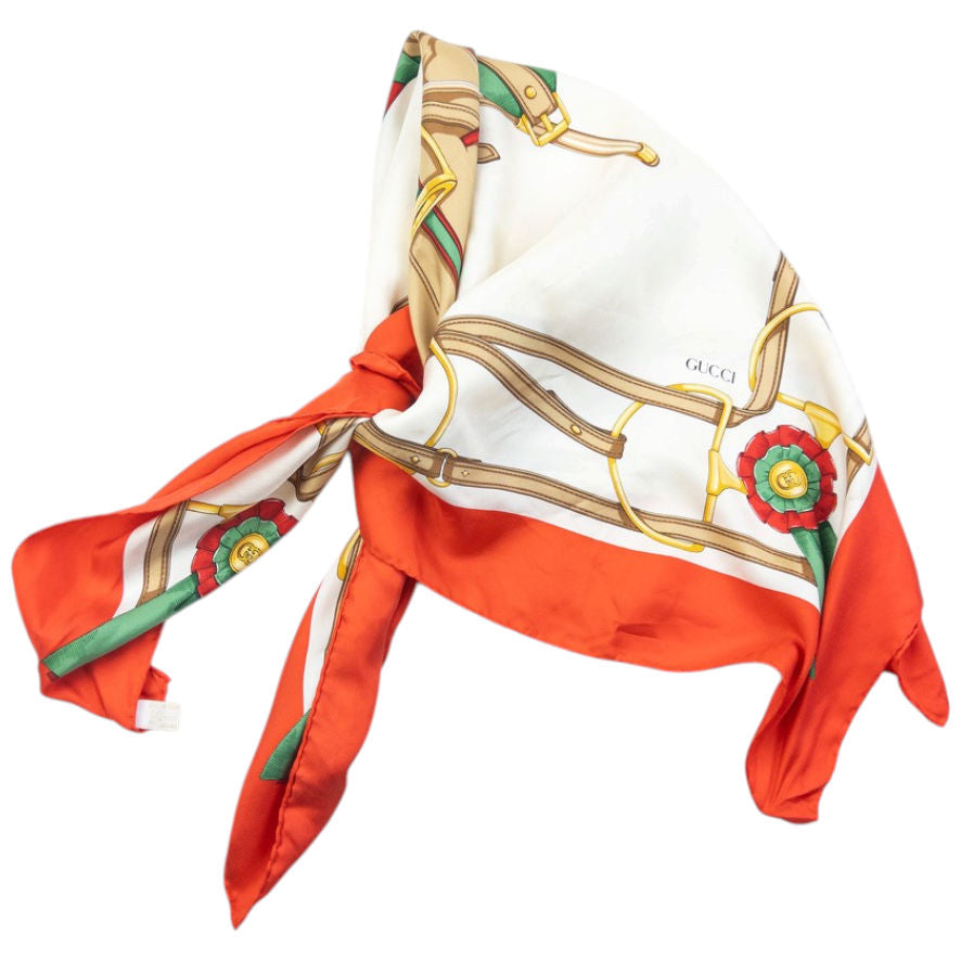 Vintage 80s Gucci Equestrian Horse Harness Print Silk Scarf | O/S, Orange and White