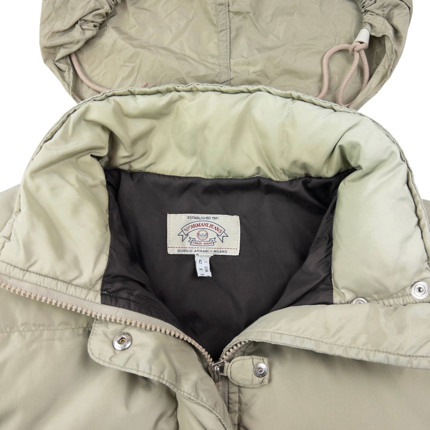 Vintage 90s Armani Jeans Zip Up Puffer Jacket Womens Size M | Medium, Beige