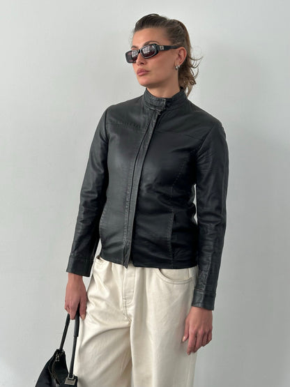 Italian Vintage 1990s Fitted High Neck Leather Jacket - XS