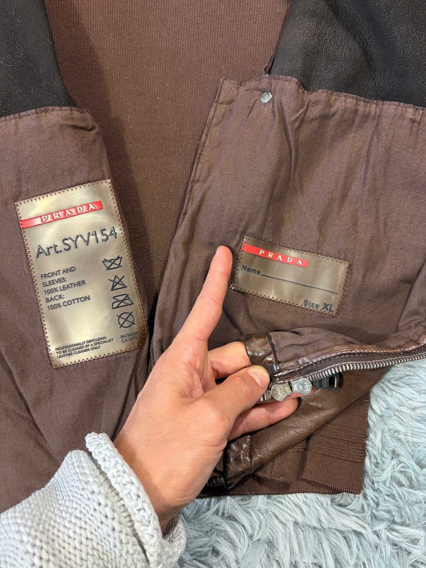 Prada Sport 2004 Brown Leather + Cotton Panelled Biker Jacket - L | O/S, Brown