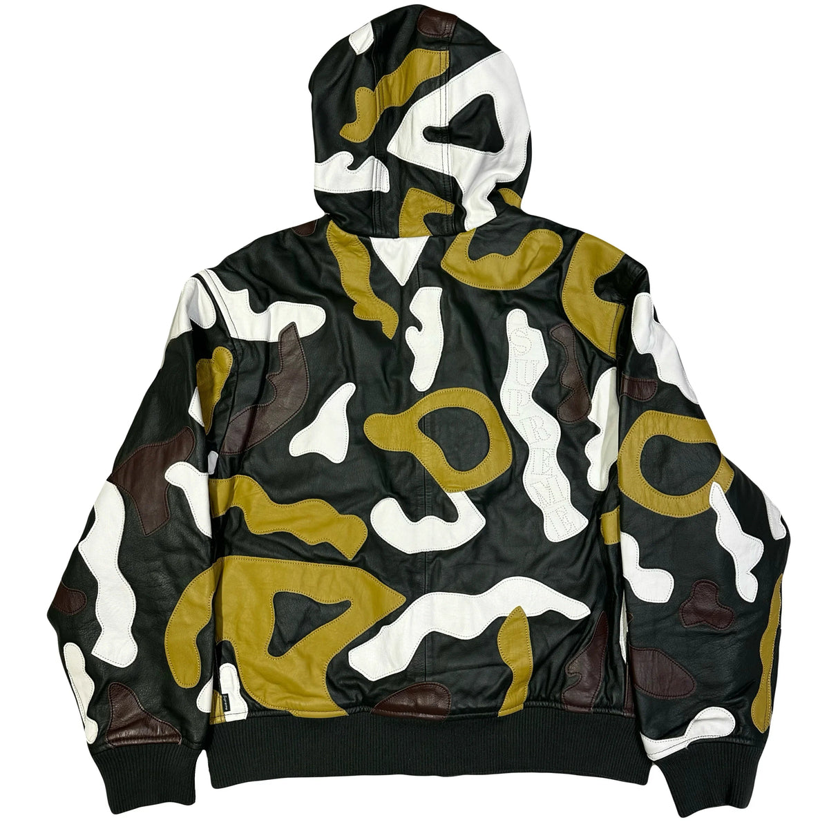 Back view of a Supreme FW19 Camo Hooded Leather Jacket in olive, black, and white.