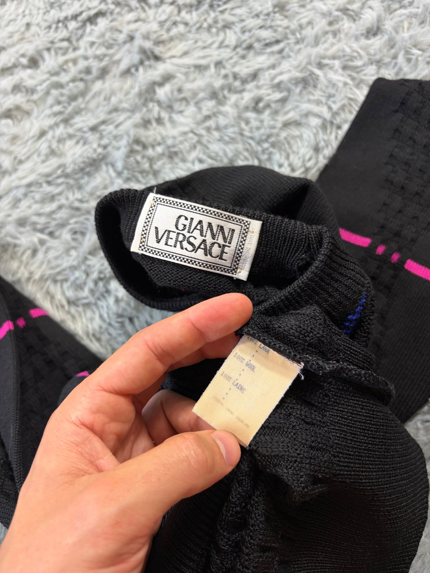 Gianni Versace 1991 Lines & Diamonds Geometric Heavy Knit - M/L | O/S, Multicoloured