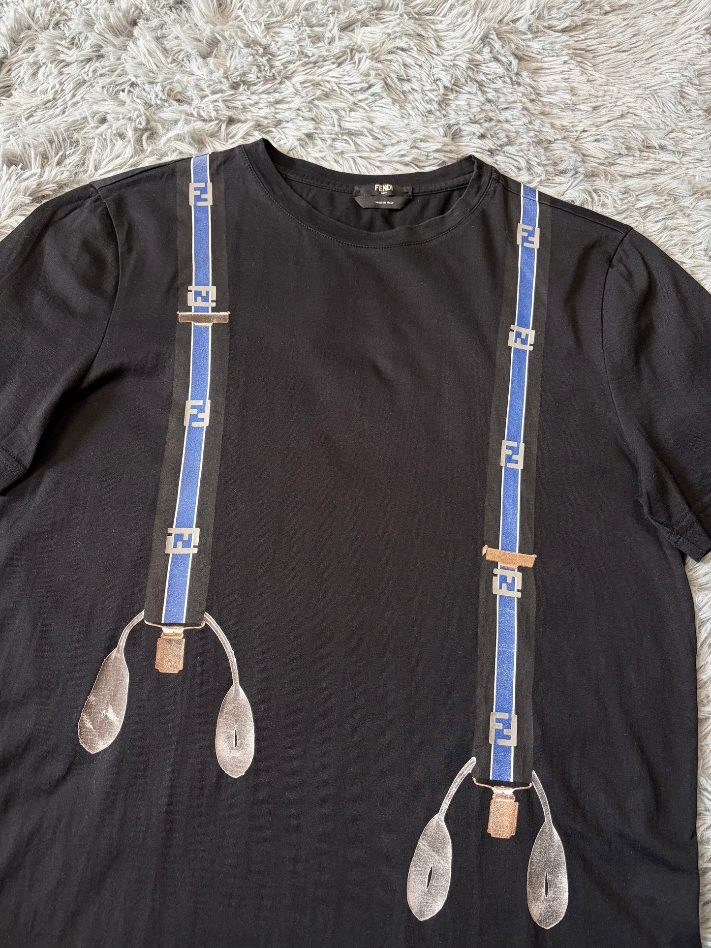 Fendi FF Zucca Roma Black Suspenders Logo T-shirt - M | O/S, Black