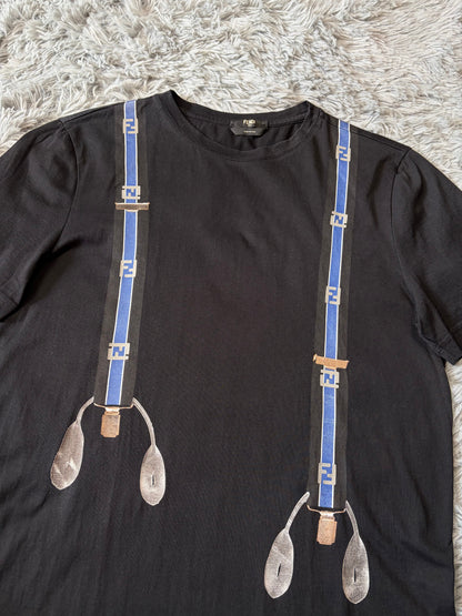 Fendi FF Zucca Roma Black Suspenders Logo T-shirt - M | O/S, Black