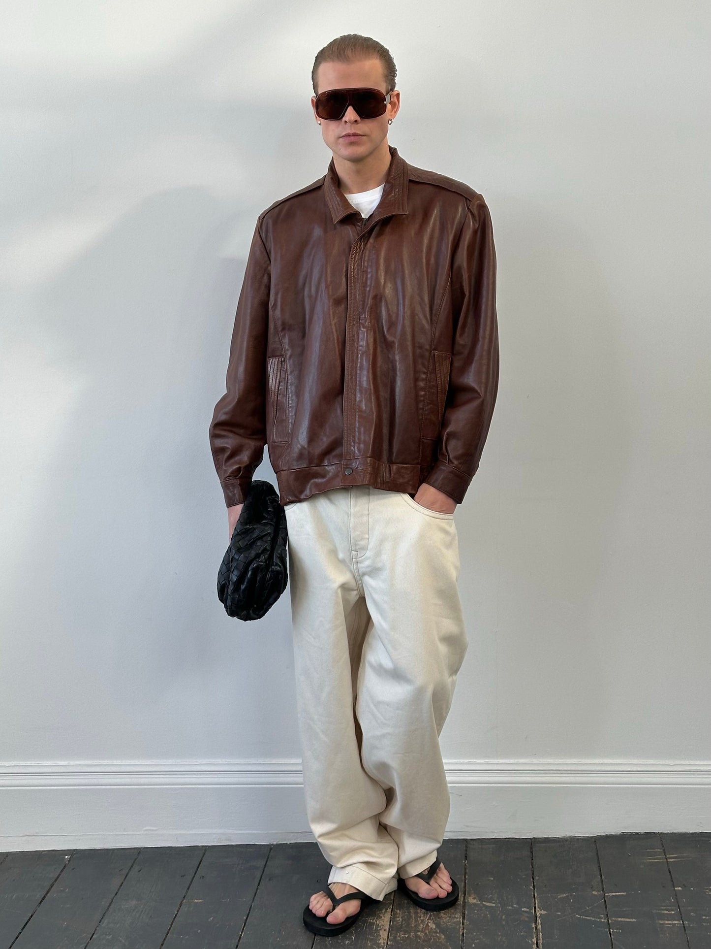 British Vintage 1980s High Neck Leather Bomber Jacket - L