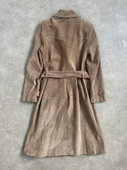 Vintage 1990s Suede Double Breasted Belted Trench Coat - S