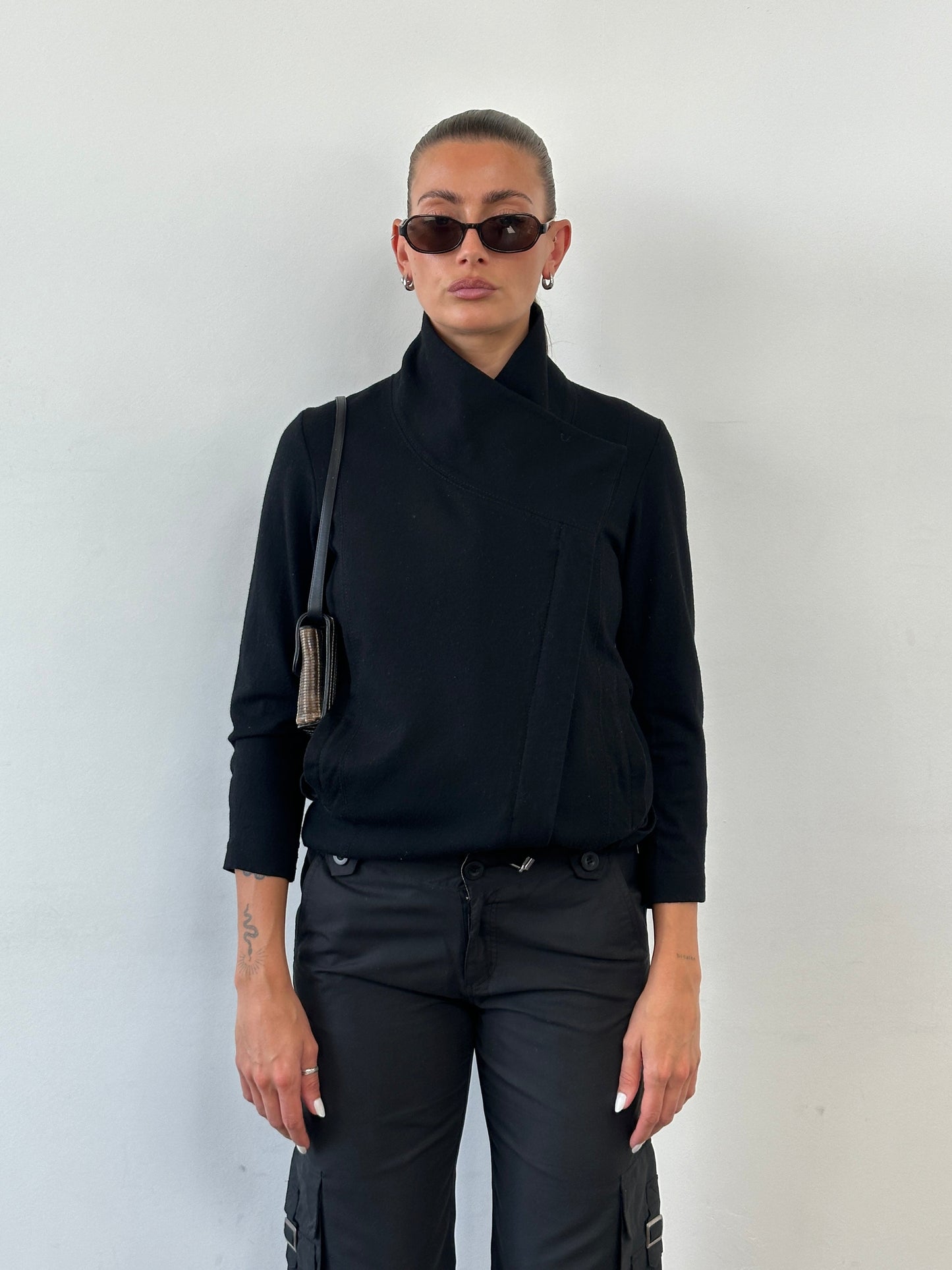 Helmut Lang Asymmetric High Neck Wool Belted Jacket - S