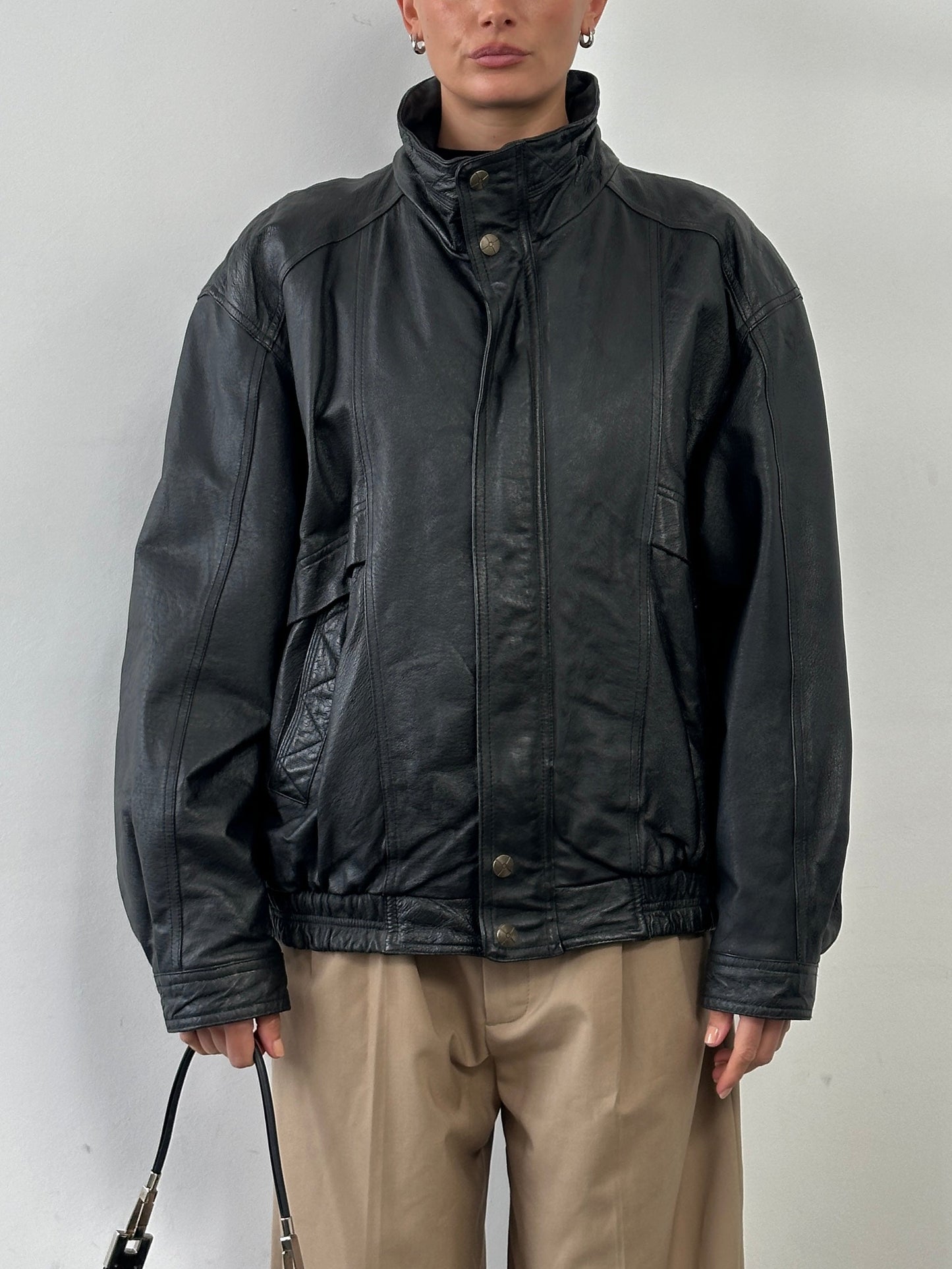 Vintage High Neck Leather Bomber Jacket - XL