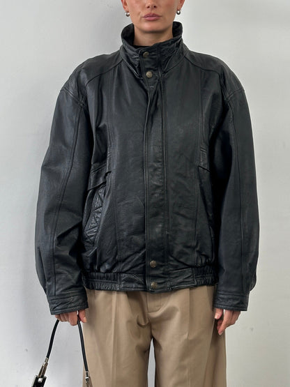 Vintage High Neck Leather Bomber Jacket - XL