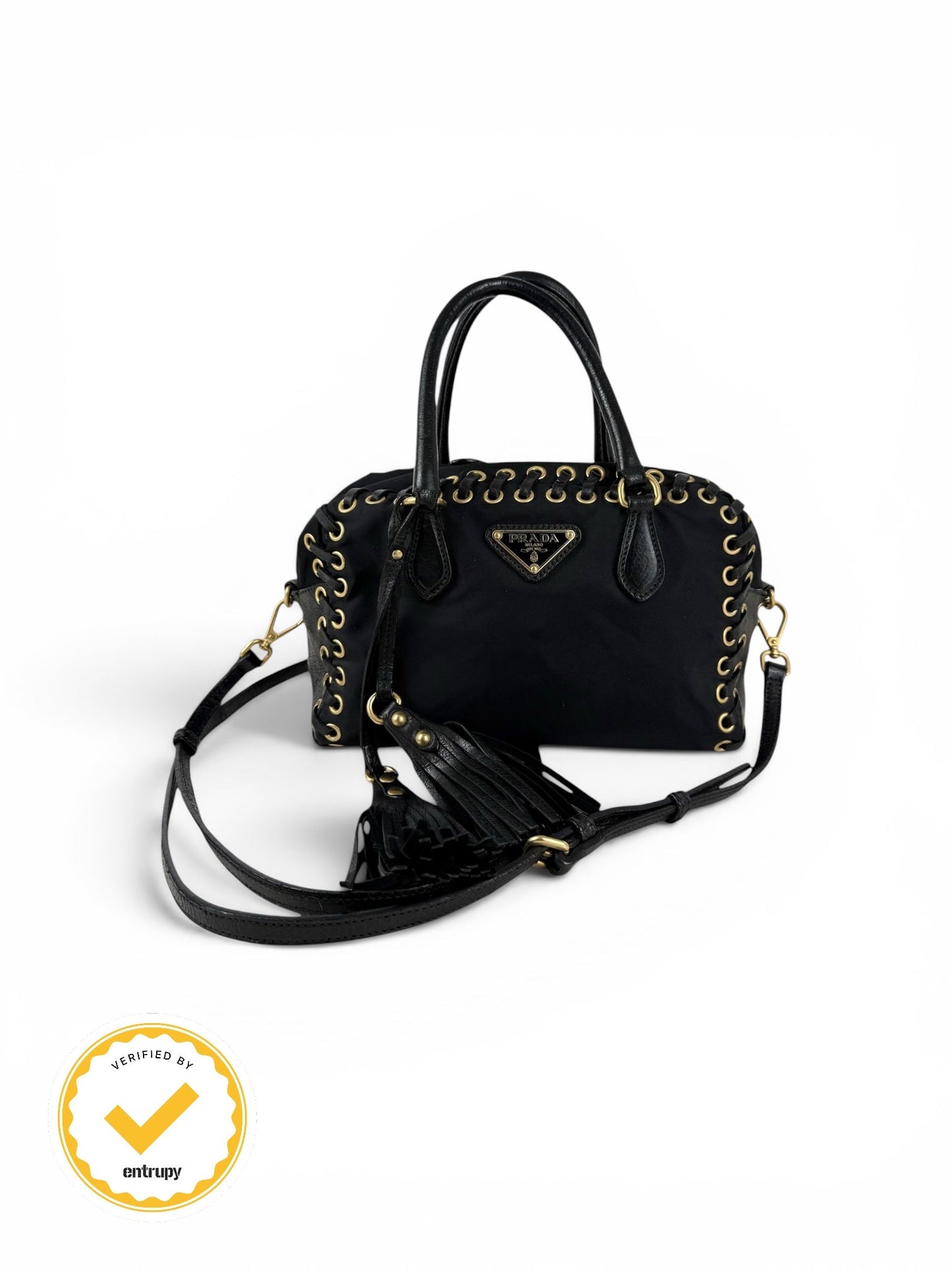 2000s RARE Prada Nylon Grommet Stitch 2Way Handbag | O/S, Black