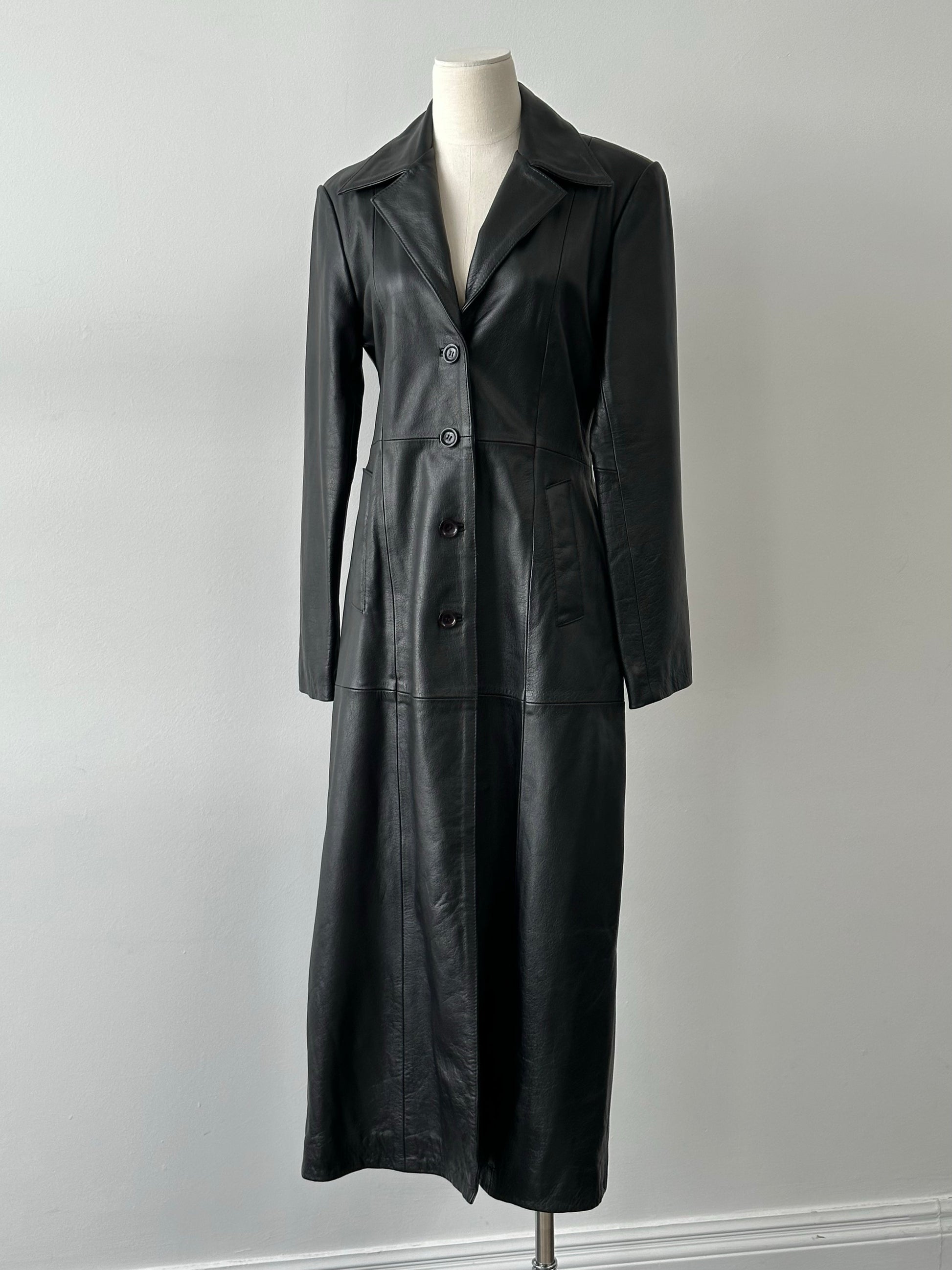 Vintage 1990s Floor Length Leather Trench Coat - S-M