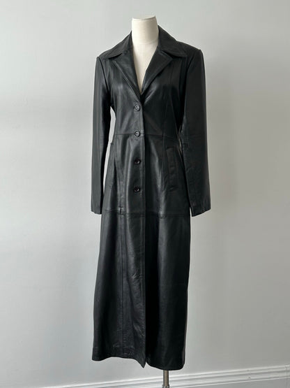 Vintage 1990s Floor Length Leather Trench Coat - S-M