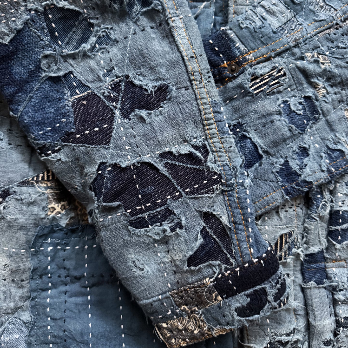 Indigo Boro Sashiko Distressed Denim Trucker Jacket - M