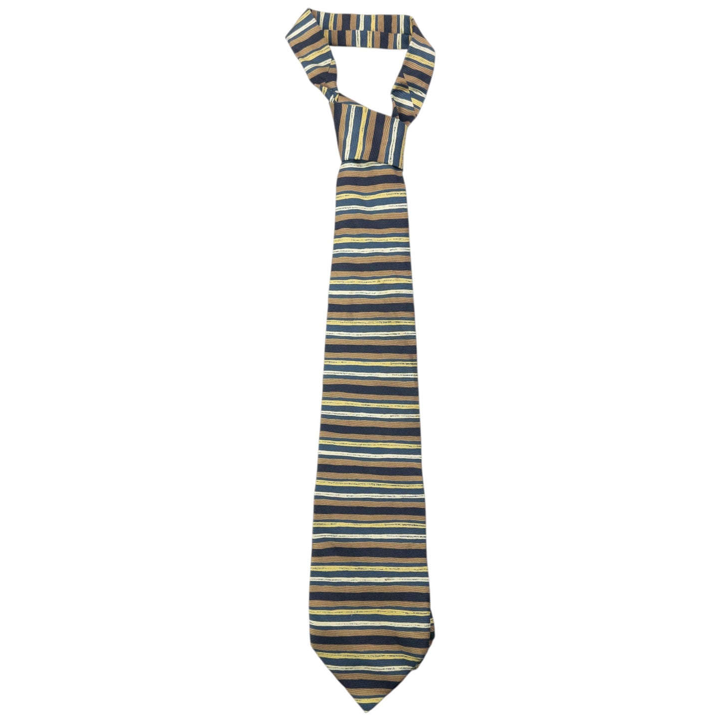 Vintage 90s Issey Miyake Striped Silk Tie | O/S, Navy, Yellow, Brown