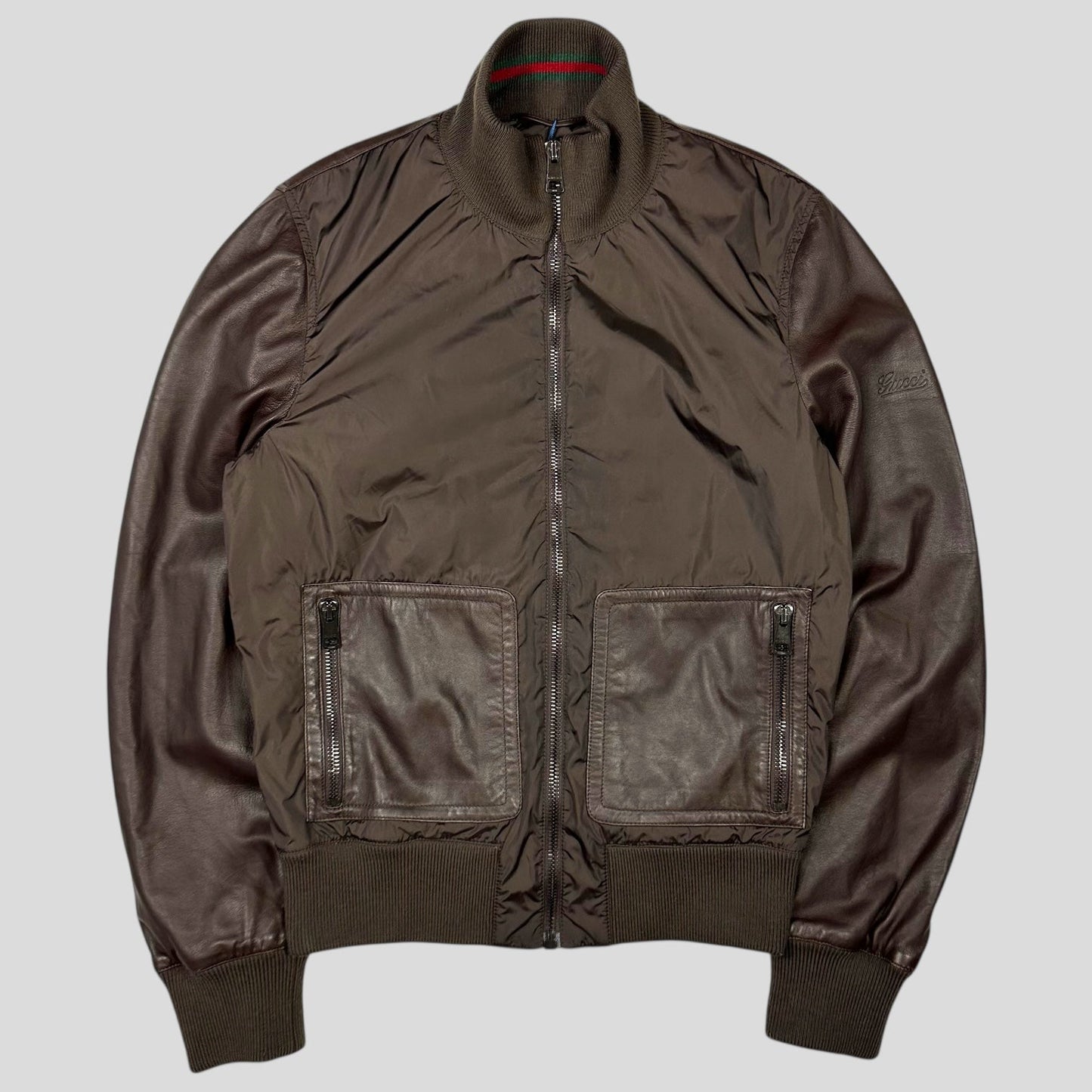 Gucci Brown Nappa Leather Hybrid Logo Bomber Jacket - IT46 (S) | Default Title, Brown