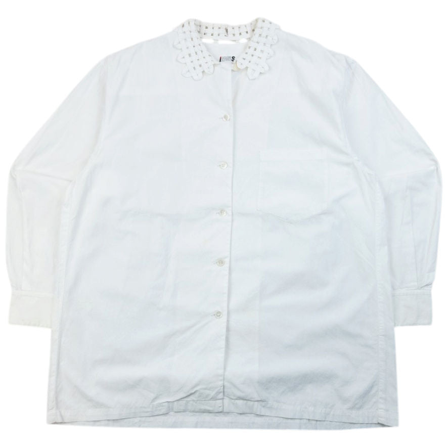 Vintage 80s Issey Miyake I.S. Crochet Collar Long Sleeve Button Up Shirt Size S | Small, White