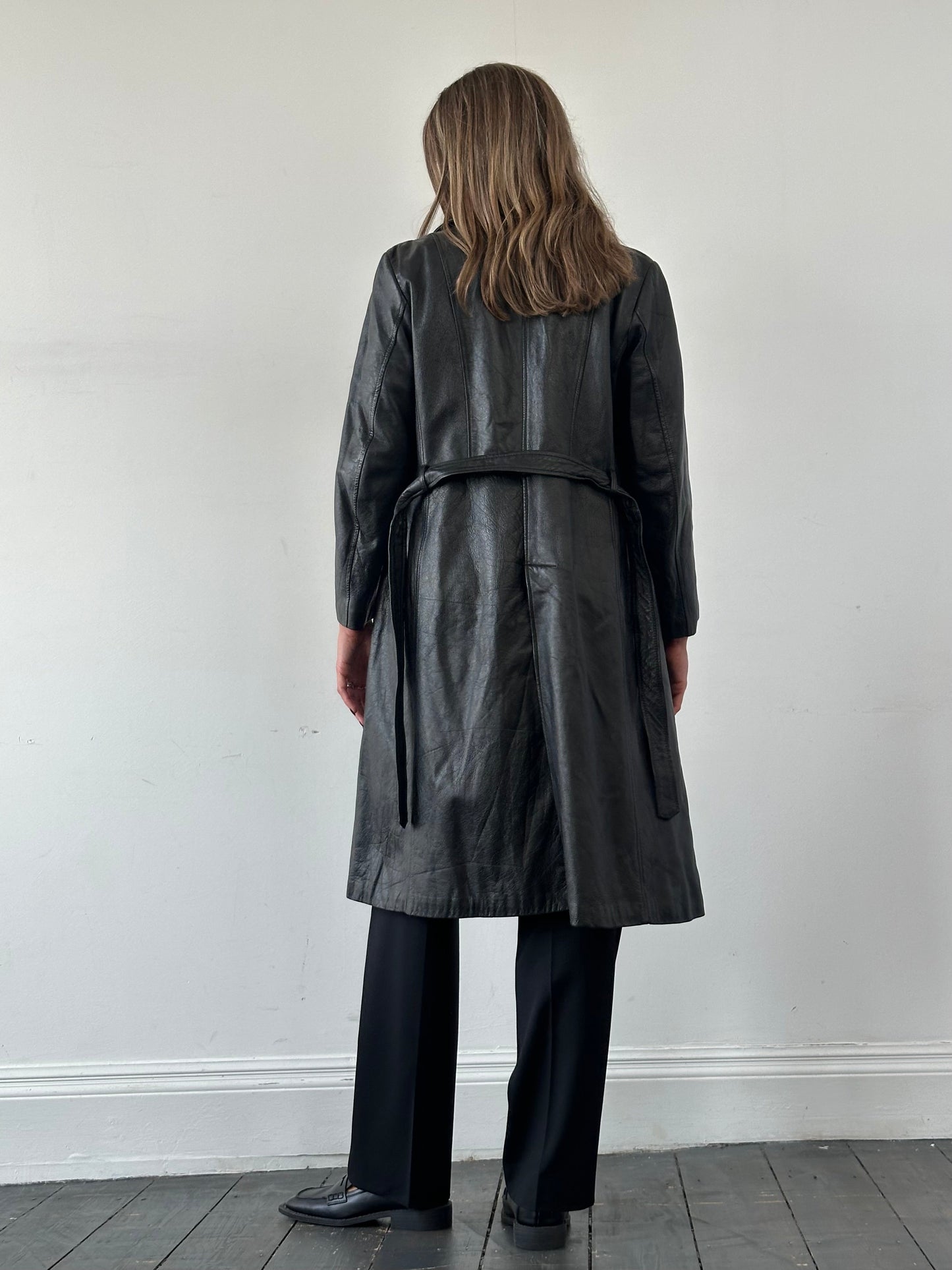 Vintage Belted Leather Trench Coat - M/L