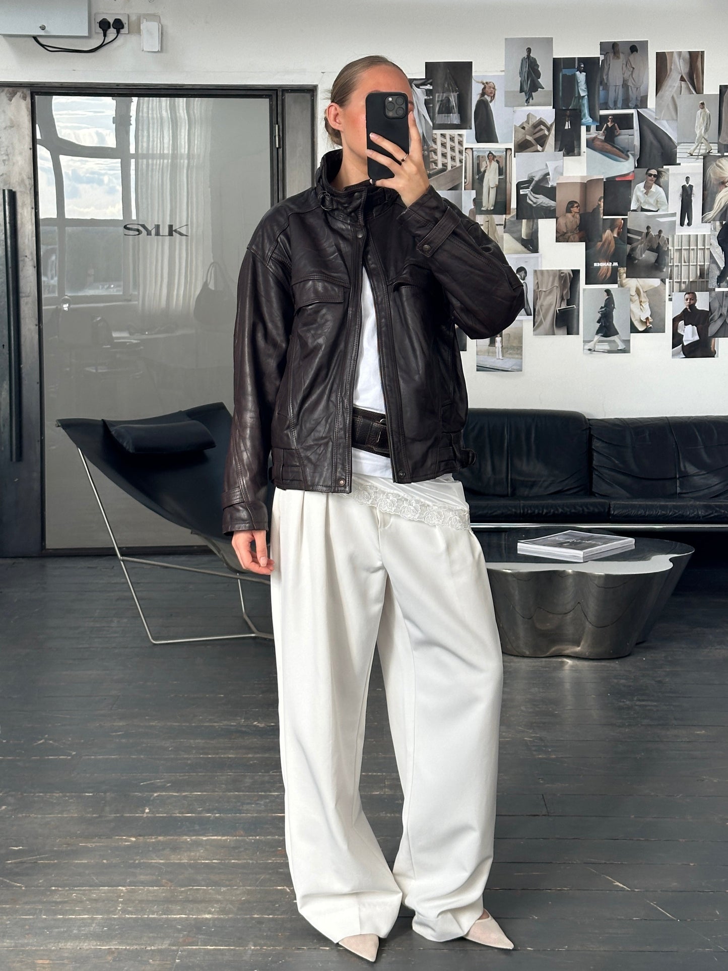 French Vintage 1980s High Neck Leather Bomber Jacket - L