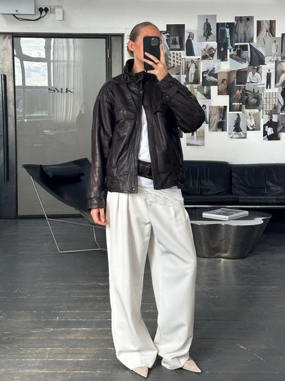 French Vintage 1980s High Neck Leather Bomber Jacket - L