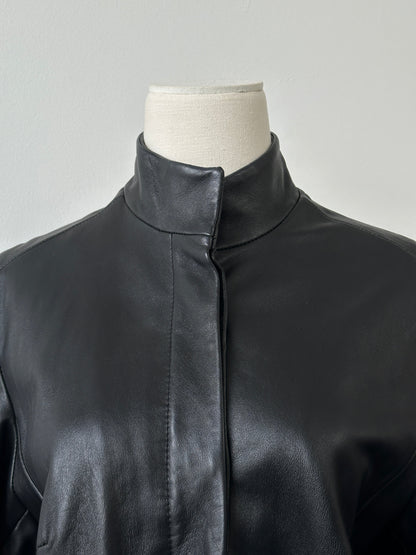Vintage 1990s High Neck Leather Trench Coat - M