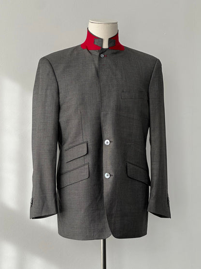 Loro Piana 1990s pure wool high neck blazer with contrast collar, size 40R, featuring tailored fit and classic design.