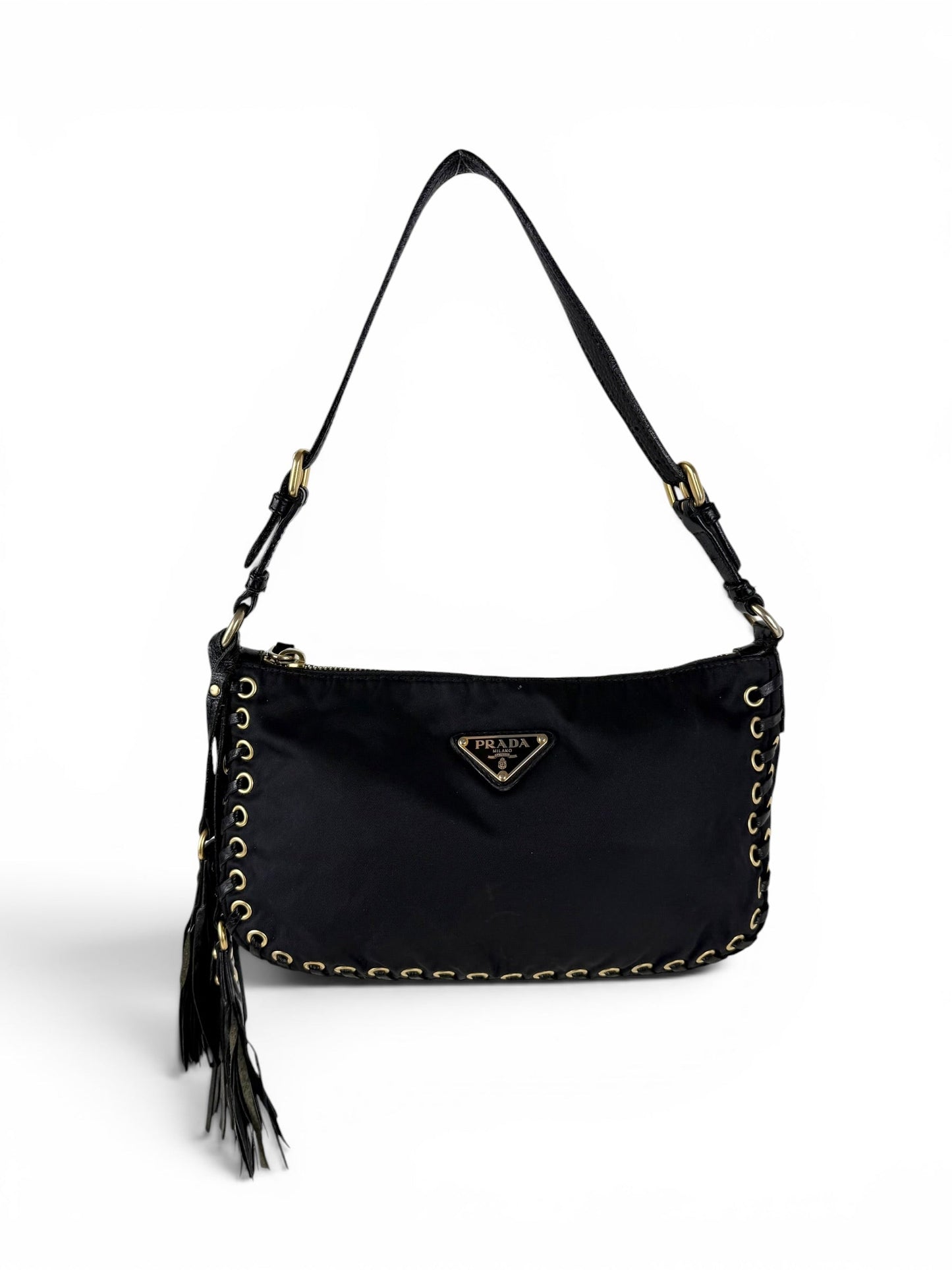2000s RARE Prada Nylon Grommet Stitch Shoulder Bag | O/S, Black