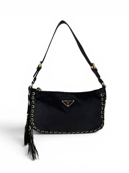 2000s RARE Prada Nylon Grommet Stitch Shoulder Bag | O/S, Black