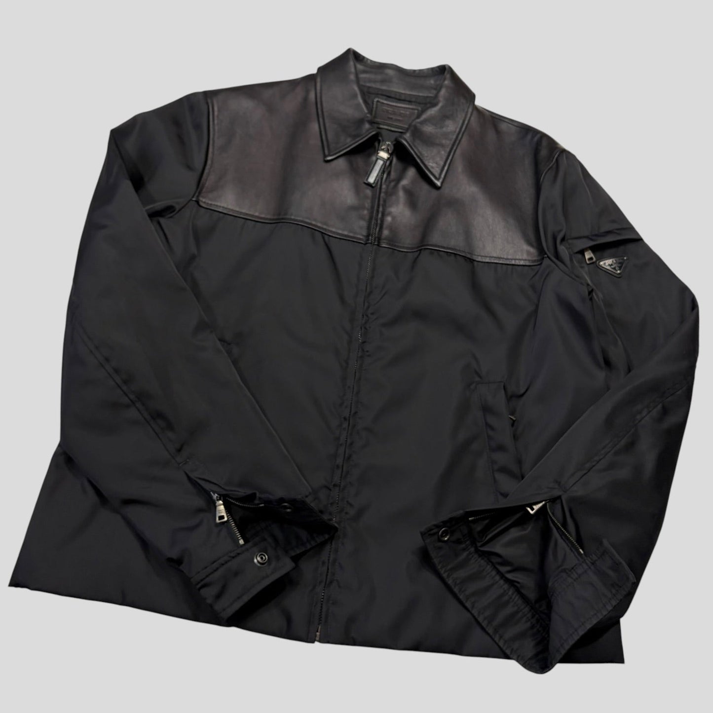 Prada 2013 Triangle Logo Gabardine Nylon & Leather Blouson Jacket - L/XL | O/S, Black